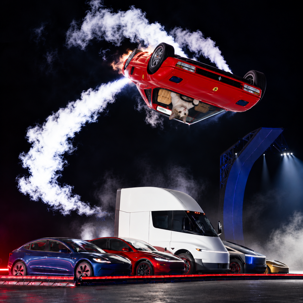 Flying Rari Cat upside down in a red sports car above a neon-lit car show